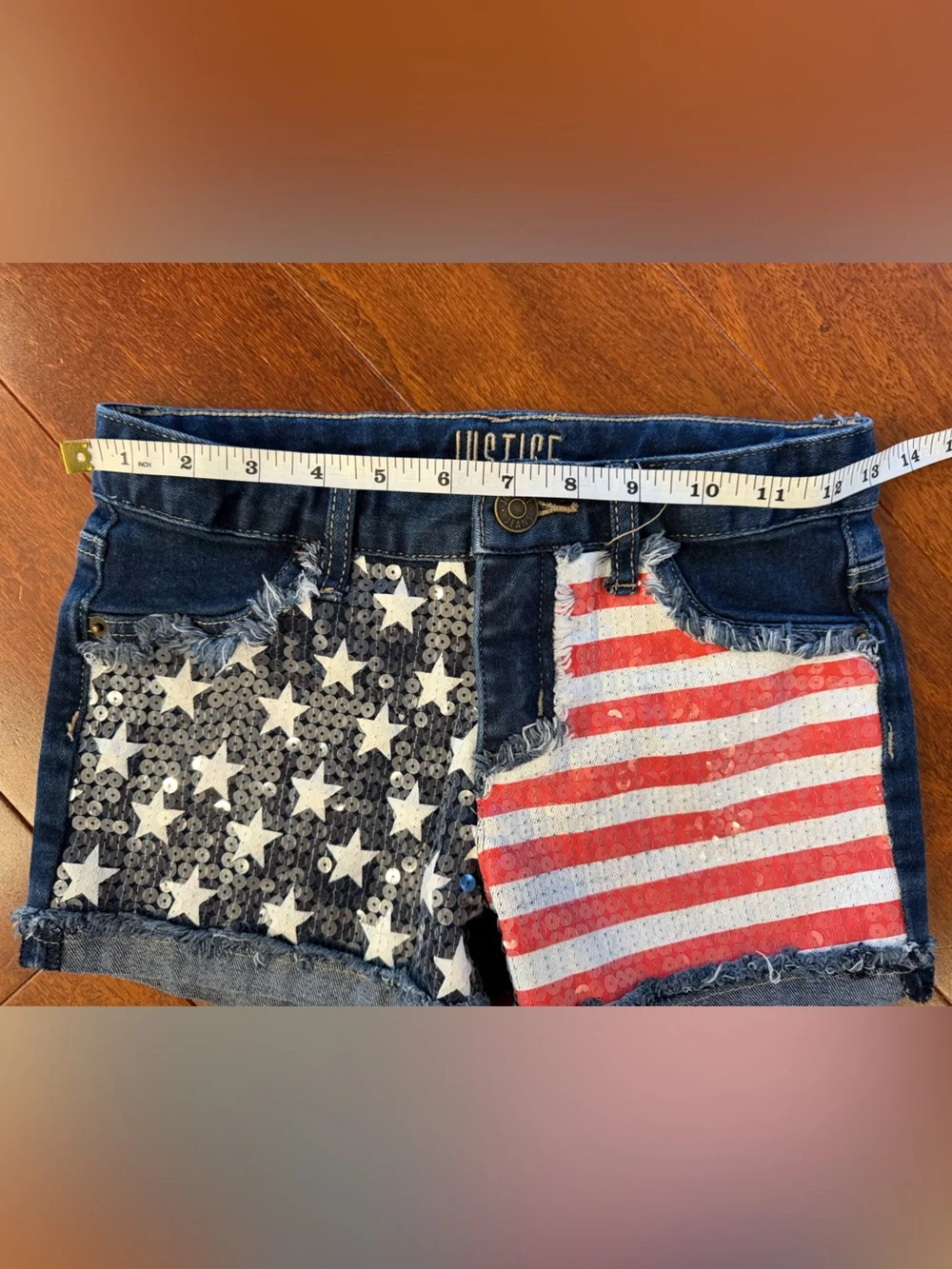 Justice Denim Shorts with Star & Stripe Sequin Panels - Blue/Red